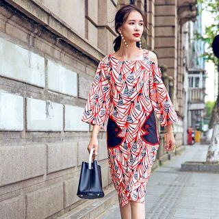 Patterned One-shoulder Elbow-sleeve Dress