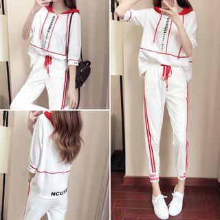 Set: Contrast Trim Elbow Sleeve Hoodie + Contrast Trim Drawstring Pants