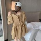 Tie-back Puff-sleeve Mini Shirtdress Khaki - One Size