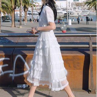 Short-sleeve Tiered Lace A-line Midi Dress