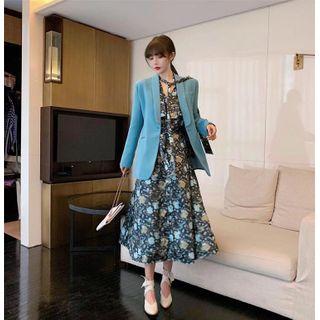 Long-sleeve Midi A-line Dress / Plain Blazer