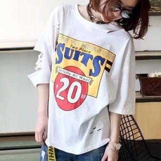 Printed Ripped 3/4 Sleeve T-shirt