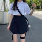 Short Sleeve Plain Cropped Shirt / Suspender A-line Skirt