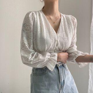 V-neck Lace Tied-waist Long-sleeve Shirt