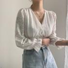 V-neck Lace Tied-waist Long-sleeve Shirt