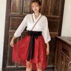 Long-sleeve Dragon Embroidered Cheongsam Top / Printed A-line Mesh Skirt