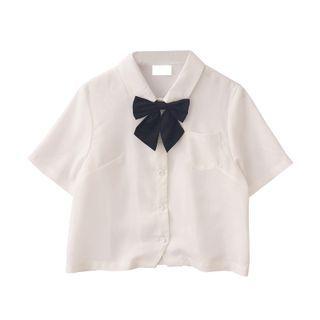Plain Oversize Button-up Shirt With Bow White Shirt + Black Bow - One Size