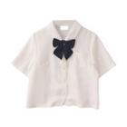 Plain Oversize Button-up Shirt With Bow White Shirt + Black Bow - One Size