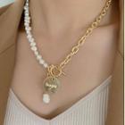 Genuine Pearl Lettering Necklace E09 - Gold & Pearl White - One Size