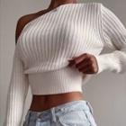 Off-shoulder Cropped Ribbed Knit Sweater