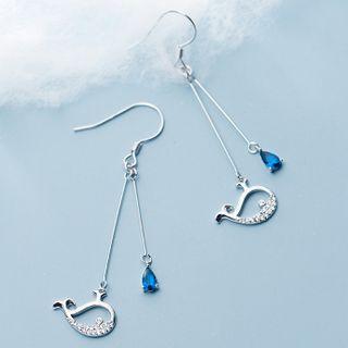 925 Sterling Silver Rhinestone Whale Dangle Earring 1 Pair - S925 Silver - Silver & Blue - One Size