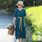 Elbow-sleeve Tie Waist Midi A-line Dress