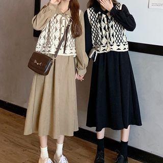 Long-sleeve Plain Midi Dress / Patterned Button-up Vest