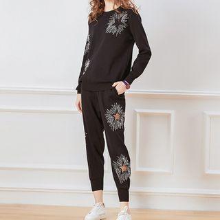 Set: Rhinestone Sweatshirt + Harem Pants Black - One Size