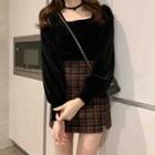 Long-sleeve Velvet Blouse / Plaid Mini A-line Skirt
