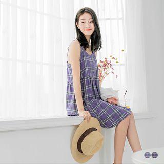 Sleeveless Spaghetti-strap Plaid Dress Purple - Xl