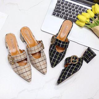 Plaid Buckled Pointed Slide Flats