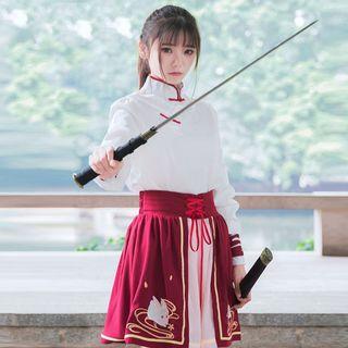 Mandarin Collar Long-sleeve Blouse / Embroidered A-line Skirt / Set: Long-sleeve Blouse + A-line Skirt