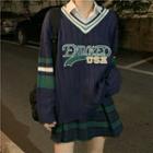 Long-sleeve V-neck Embroidered Knit Sweater / Plaid A-line Mini Skirt