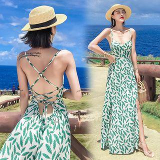 Leaf Printed Lace-up Slim-fit Sleeveless Dress