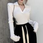 Open Collar Knit Crop Top