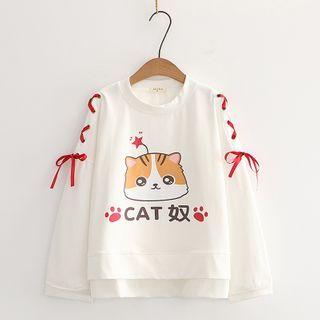 Cartoon Cat Print Lace-up Pullover