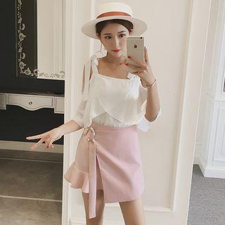 Set: Cold Shoulder Elbow-sleeve Chiffon Blouse + A-line Skirt