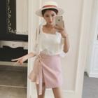 Set: Cold Shoulder Elbow-sleeve Chiffon Blouse + A-line Skirt