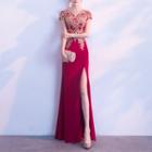 Embroidered Short-sleeve Slit Sheath Evening Gown