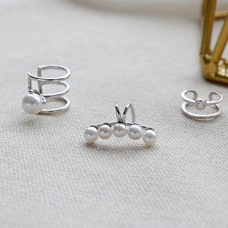 925 Sterling Silver Faux Pearl / Rhinestone Cuff Earring