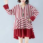 Striped Long-sleeve V-neck Layered Minidress Red - One Size