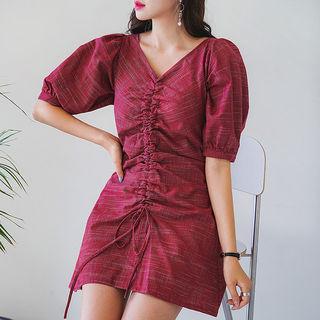 Puff-sleeve Shirred-front Minidress