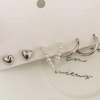 Set: Heart / Faux Pearl / Hoop Earring Set Of 4 - Silver - One Size