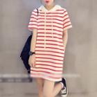 Short-sleeve Hooded Striped Top Red - One Size
