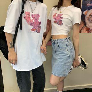 Bear Print Short-sleeve Cropped T-shirt / Elbow-sleeve T-shirt