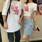 Bear Print Short-sleeve Cropped T-shirt / Elbow-sleeve T-shirt