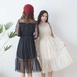Dotted Long-sleeve A-line Midi Mesh Dress