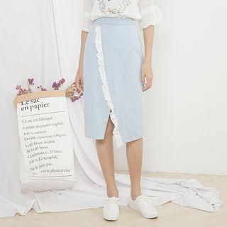 Lace-trim Denim Midi Skirt