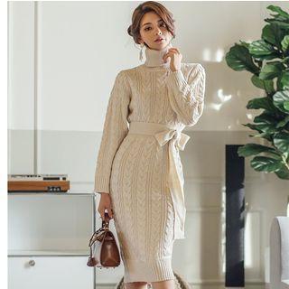 Turtle-neck Midi Sheath Sweater Dress Beige - One Size
