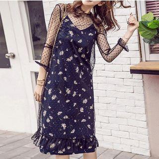 Set: Dotted Mesh Top + Floral Print Spaghetti Strap Dress
