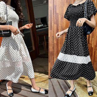 Smocked Polka-dot Long Dress