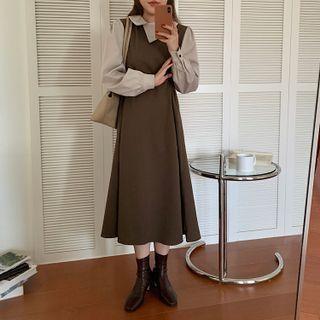 Asymmetrical Mock Two-piece Puff-sleeve Dress