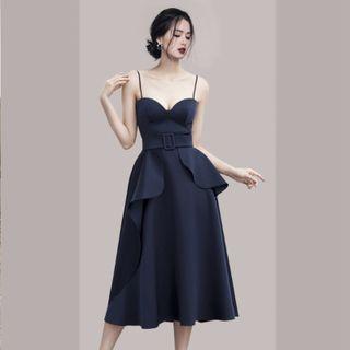 Spaghetti Strap Belted Midi A-line Dress