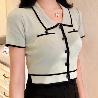 Contrast Trim Short-sleeve Knit Top Pea Green - One Size