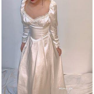 Lace Trim Lantern-sleeve Midi A-line Dress