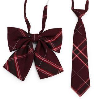 Set: Plaid Ribbon Bow Tie + Necktie Set Of 2 - Bow Tie + Necktie - Dark Wine Red - One Size