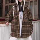 Mock Two-piece Hooded Panel Plaid Jacket Plaid - Brown - One Size