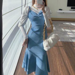 Puff-sleeve Plain T-shirt / Spaghetti Strap Midi Mermaid Dress / Set