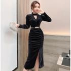 Long-sleeve Velvet Cutout Midi Dress