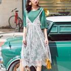 Lace Panel Mock Two Piece Elbow-sleeve Dress